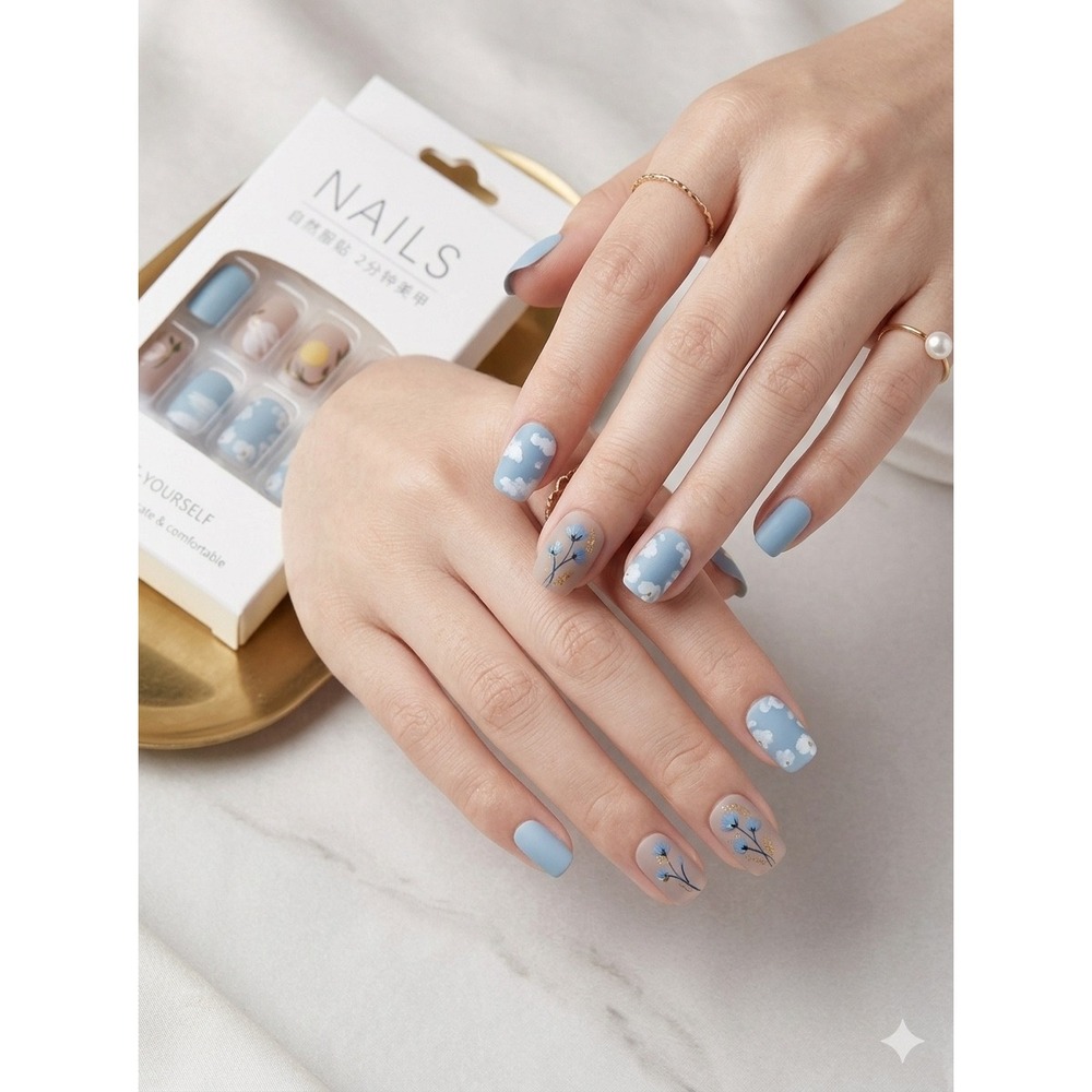 NIB Press On‎ Nails 24 Pc Floral & Pastel Press-On Nail Set - Blue, Pink, Yellow